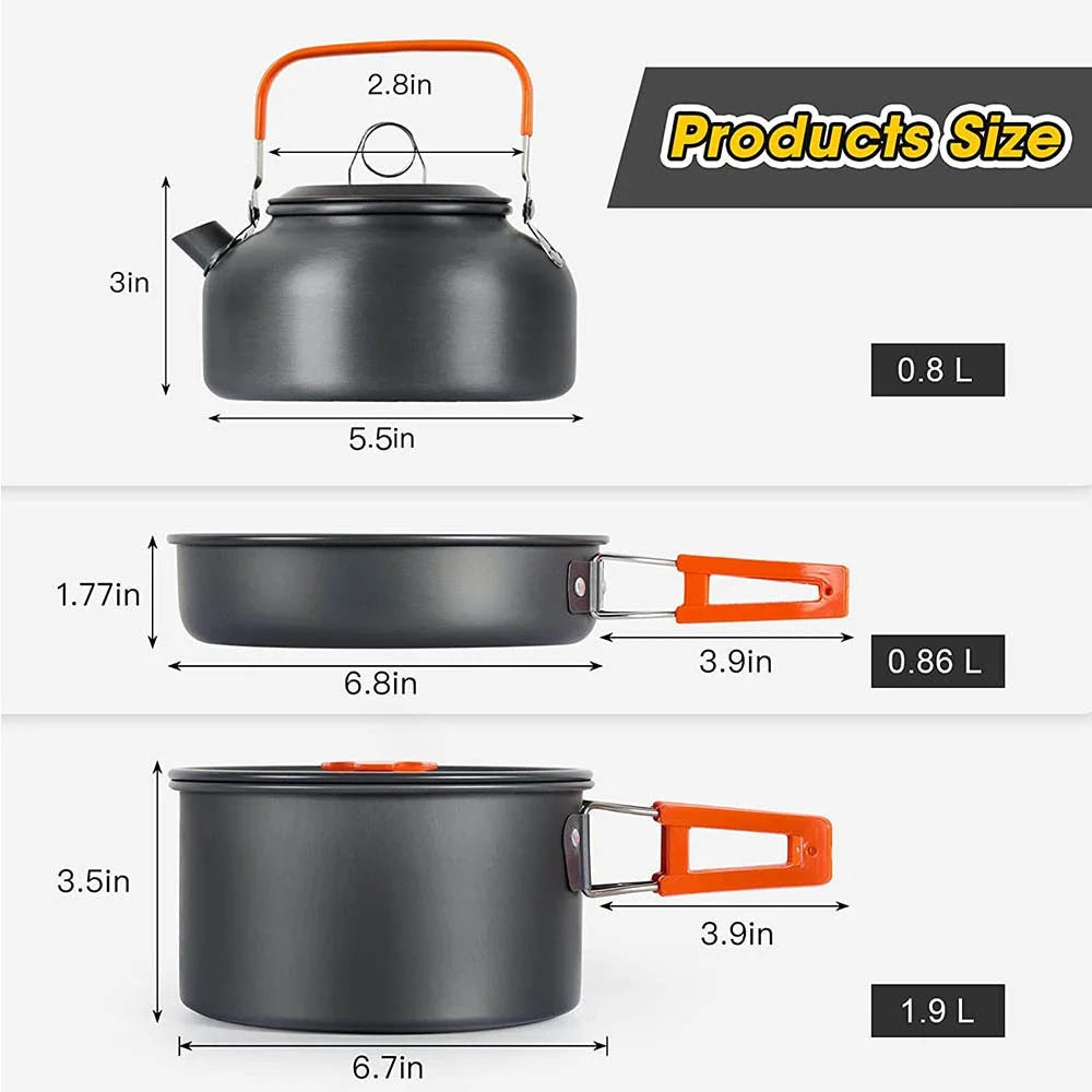 Camping Cookware Set for 2-3 People – Pots with Handles, Teapot, and Cutlery
