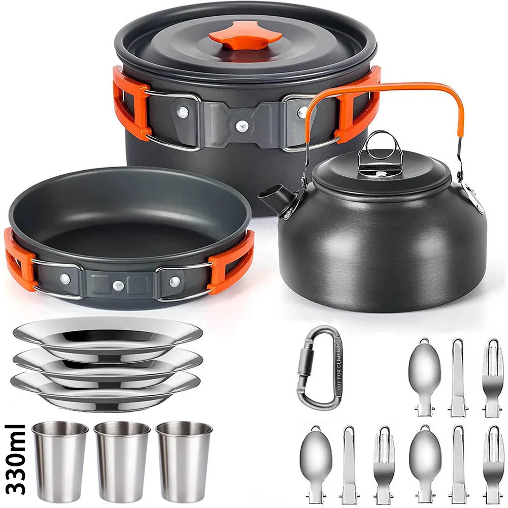 Camping Cookware Set for 2-3 People – Pots with Handles, Teapot, and Cutlery
