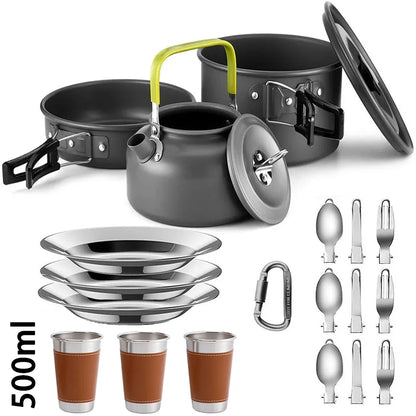 Camping Cookware Set for 2-3 People – Pots with Handles, Teapot, and Cutlery