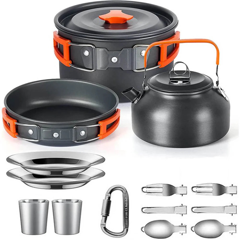 Camping Cookware Set for 2-3 People – Pots with Handles, Teapot, and Cutlery