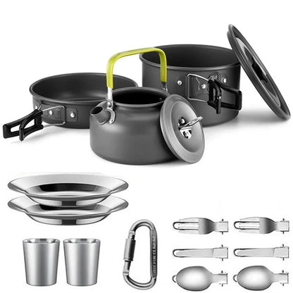 Camping Cookware Set for 2-3 People – Pots with Handles, Teapot, and Cutlery