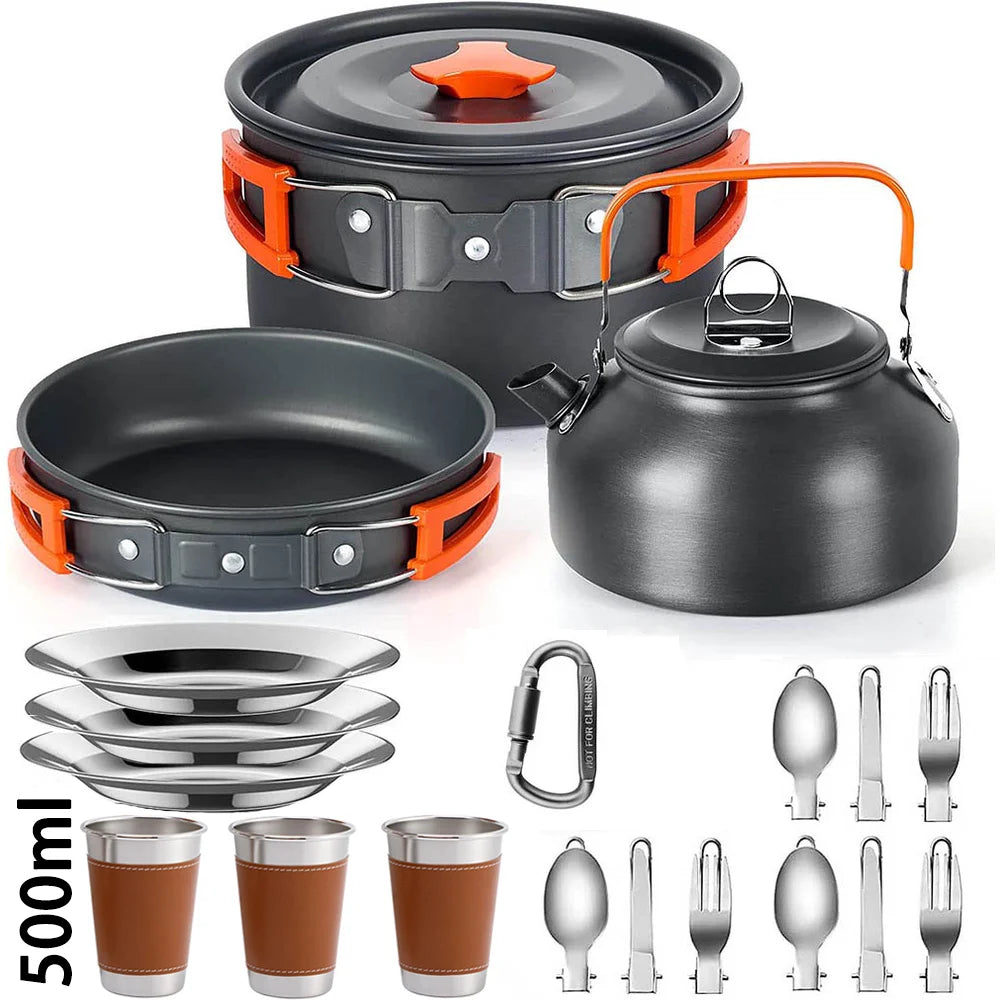 Camping Cookware Set for 2-3 People – Pots with Handles, Teapot, and Cutlery