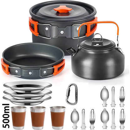 Camping Cookware Set for 2-3 People – Pots with Handles, Teapot, and Cutlery